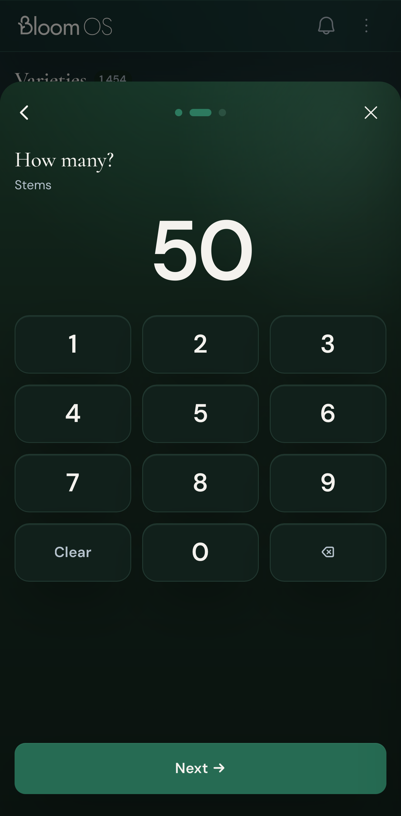 BloomOS Cut Log — the 'How many?' stem keypad