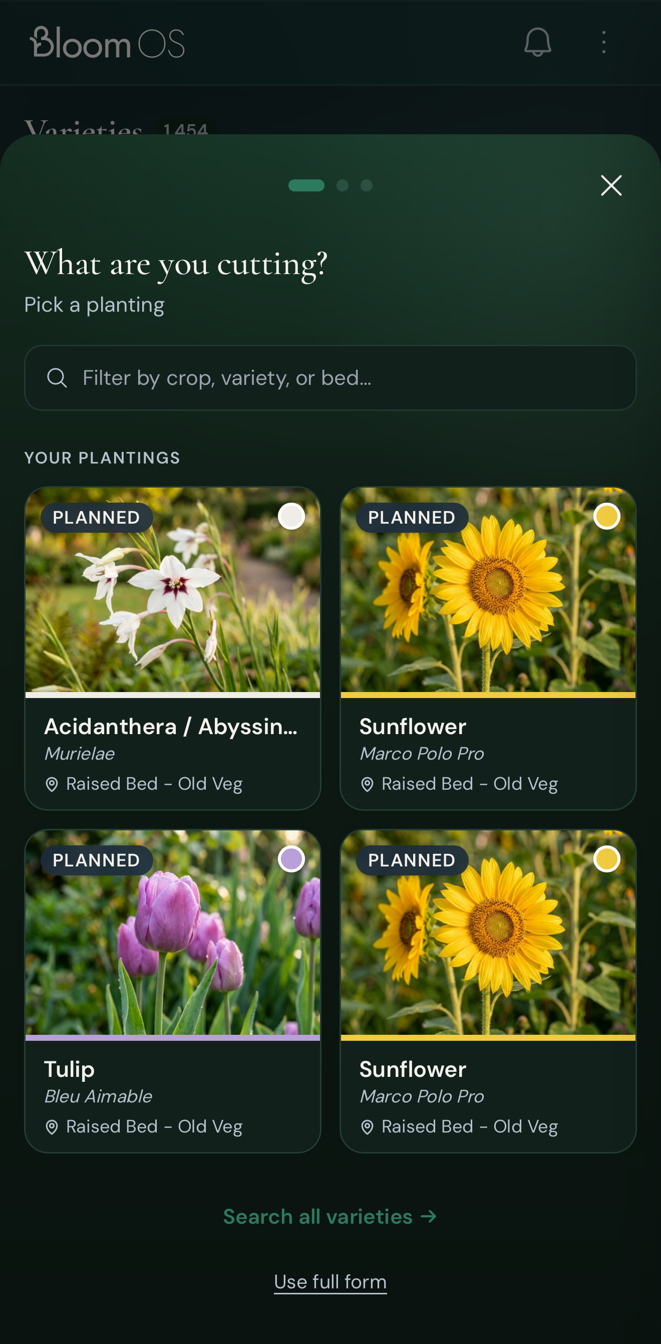 BloomOS Cut Log — the 'What are you cutting?' planting picker