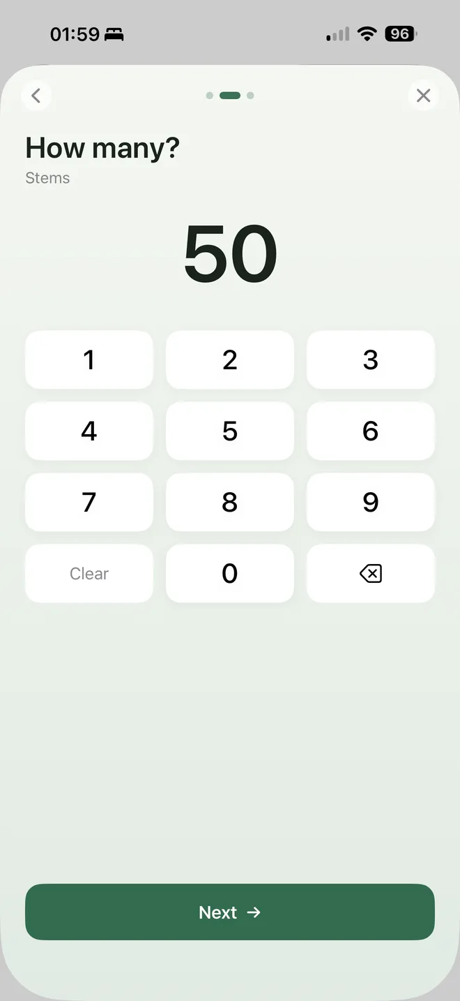 BloomOS Cut Log: the 'How many?' stem keypad with giant tap targets