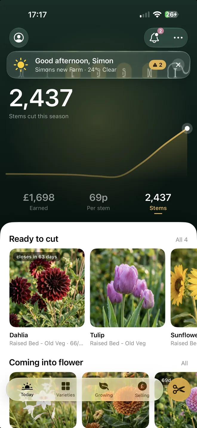 The BloomOS Today screen: stems cut this season, what they earned, and what's ready to cut